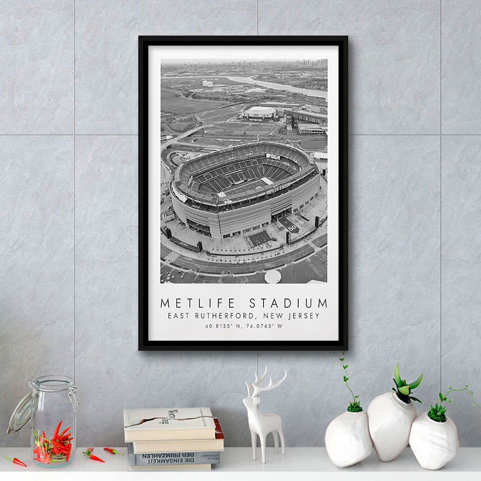 Metlife Stadium New York Jets Football Lovers Black And White Art Framed Canvas Prints Wall Art Home Decor, Floating Frame