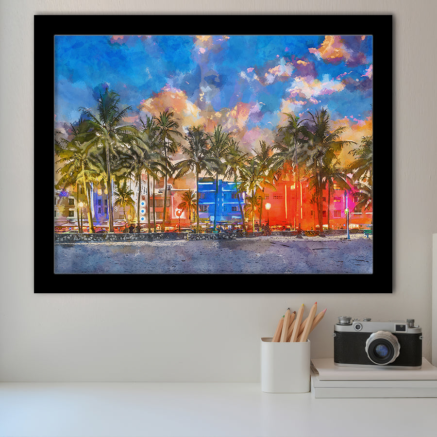 Miami Beach Florida Usa Cityscape On City Art Watercolor Framed Art Prints Wall Art Decor,Framed Picture