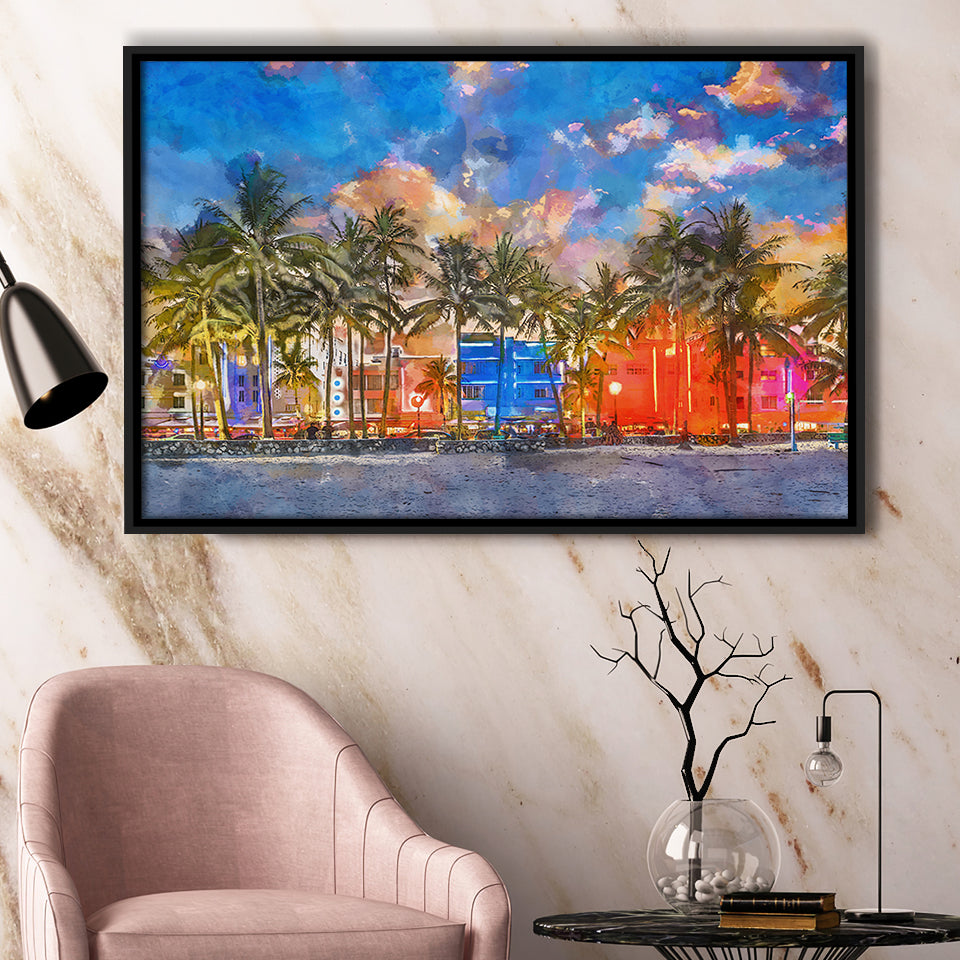 Miami Beach Florida Usa Cityscape On City Art Watercolor Framed Canvas Prints Wall Art Home Decor,Floating Frame