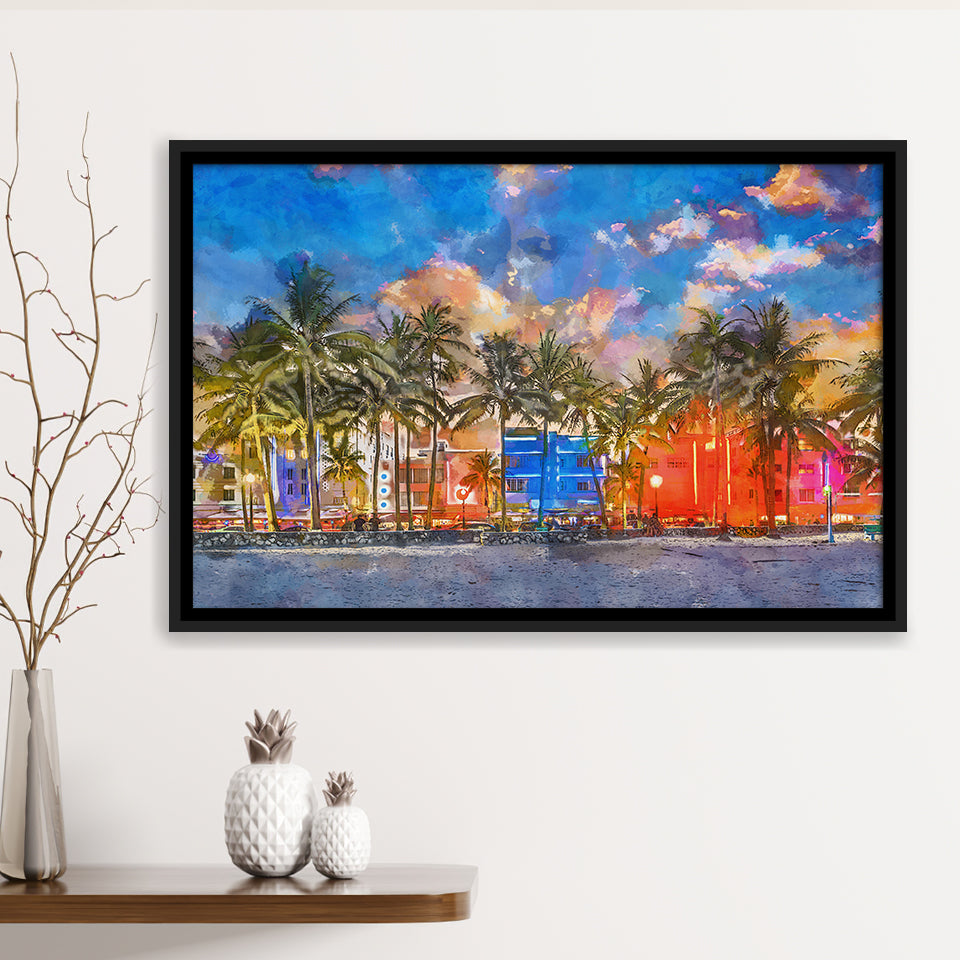 Miami Beach Florida Usa Cityscape On City Art Watercolor Framed Canvas Prints Wall Art Home Decor,Floating Frame