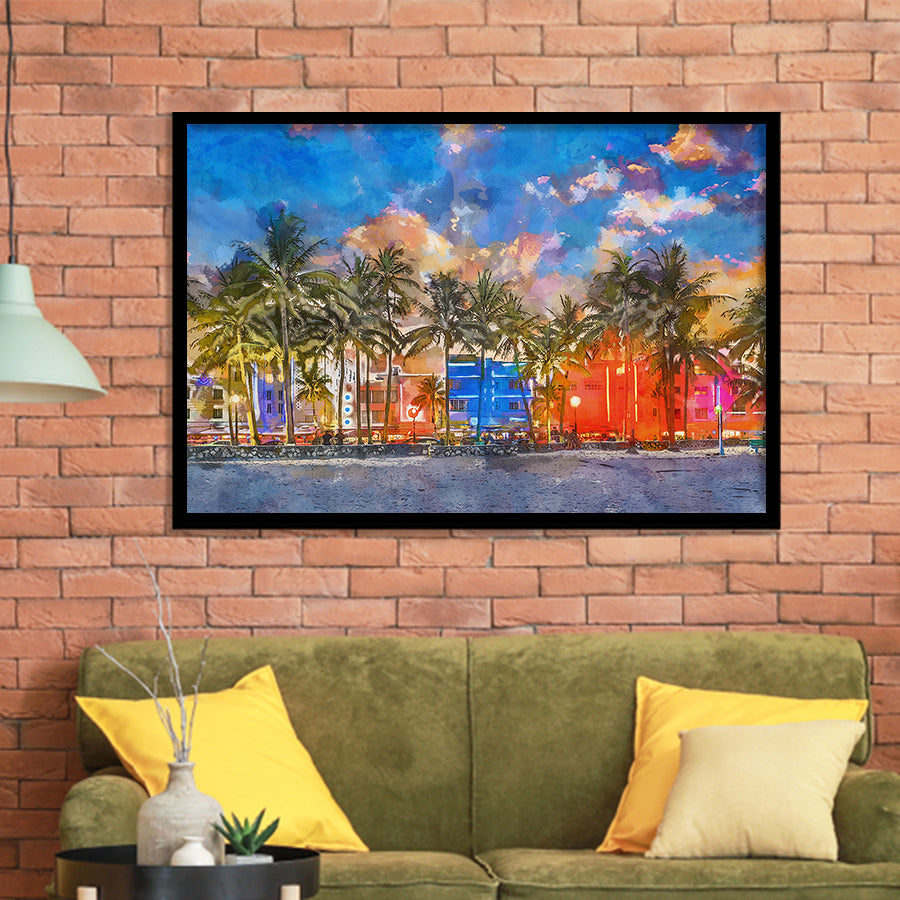 Miami Beach Florida Usa Cityscape On City Art Watercolor Framed Art Prints Wall Art Decor,Framed Picture