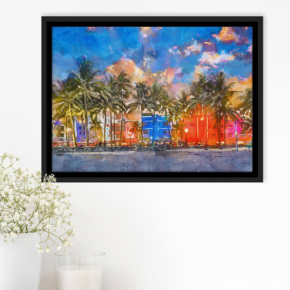 Miami Beach Florida Usa Cityscape On City Art Watercolor Framed Canvas Prints Wall Art Home Decor,Floating Frame