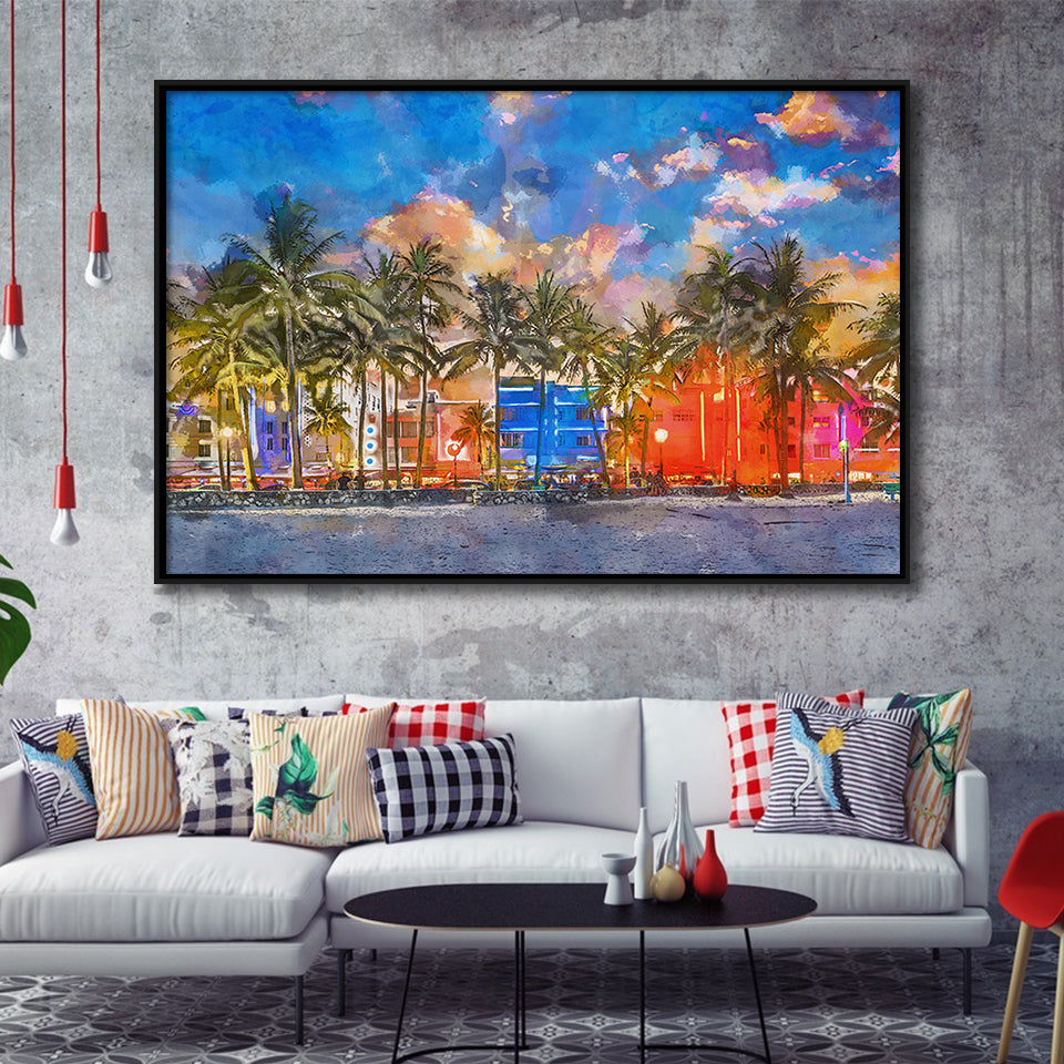 Miami Beach Florida Usa Cityscape On City Art Watercolor Framed Canvas Prints Wall Art Home Decor,Floating Frame