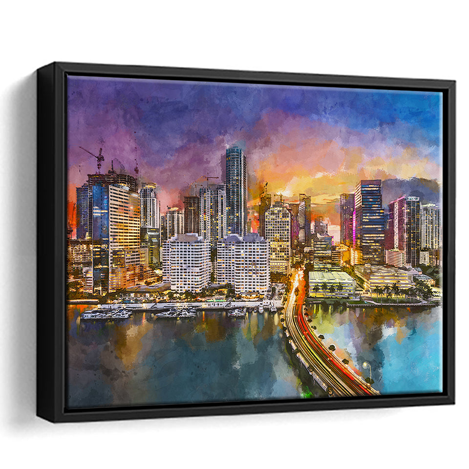 Miami Florida Usa Skyline On Biscayne City Art Watercolor Framed Canvas Prints Wall Art Home Decor,Floating Frame