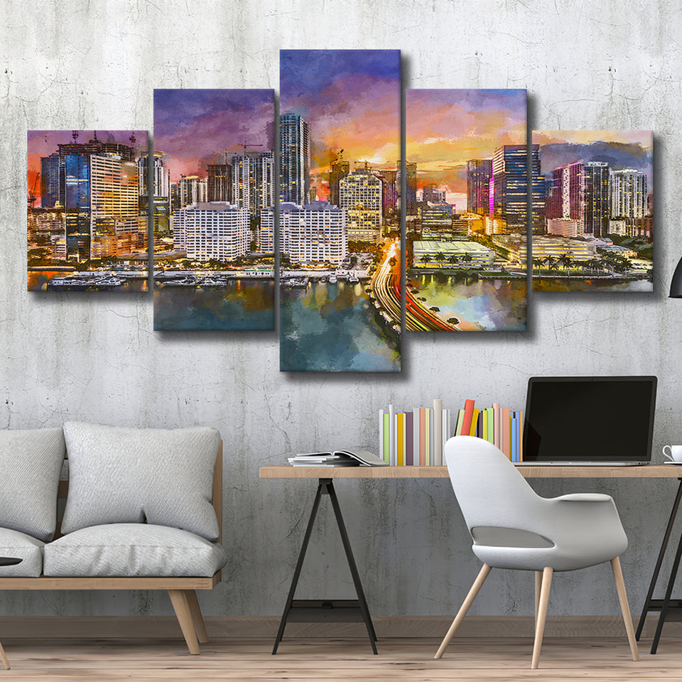Miami Florida Usa Skyline On Biscayne 5 Pieces Mixed Canvas Prints Wall Art Home Decor