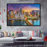 Miami Florida Usa Skyline On Biscayne City Art Watercolor Framed Canvas Prints Wall Art Home Decor,Floating Frame