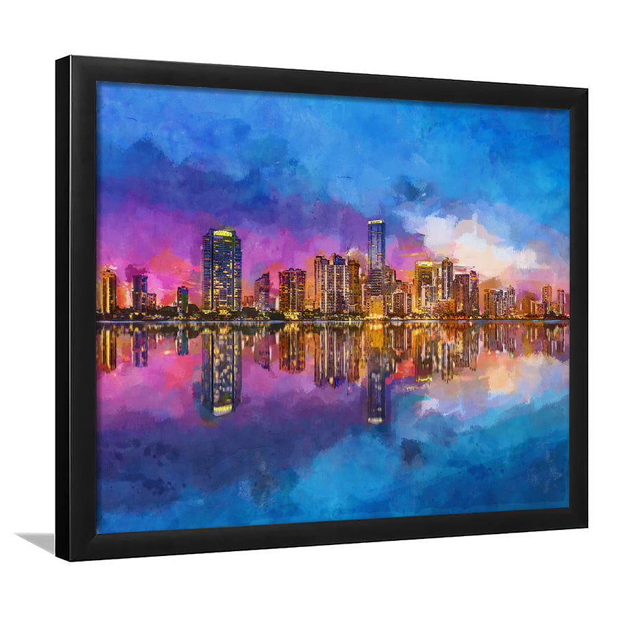 Miami Florida Usa Skyline On Biscayne V1 City Art Watercolor Framed Art Prints Wall Art Decor,Framed Picture