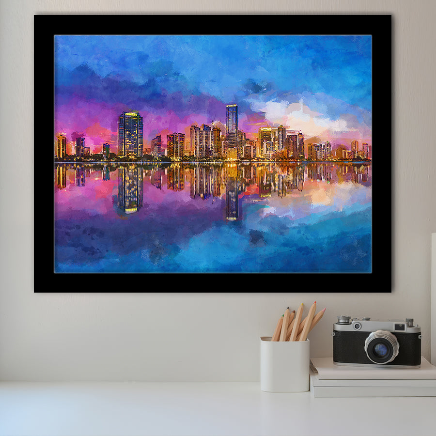 Miami Florida Usa Skyline On Biscayne V1 City Art Watercolor Framed Art Prints Wall Art Decor,Framed Picture