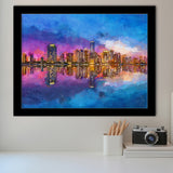 Miami Florida Usa Skyline On Biscayne V1 City Art Watercolor Framed Art Prints Wall Art Decor,Framed Picture