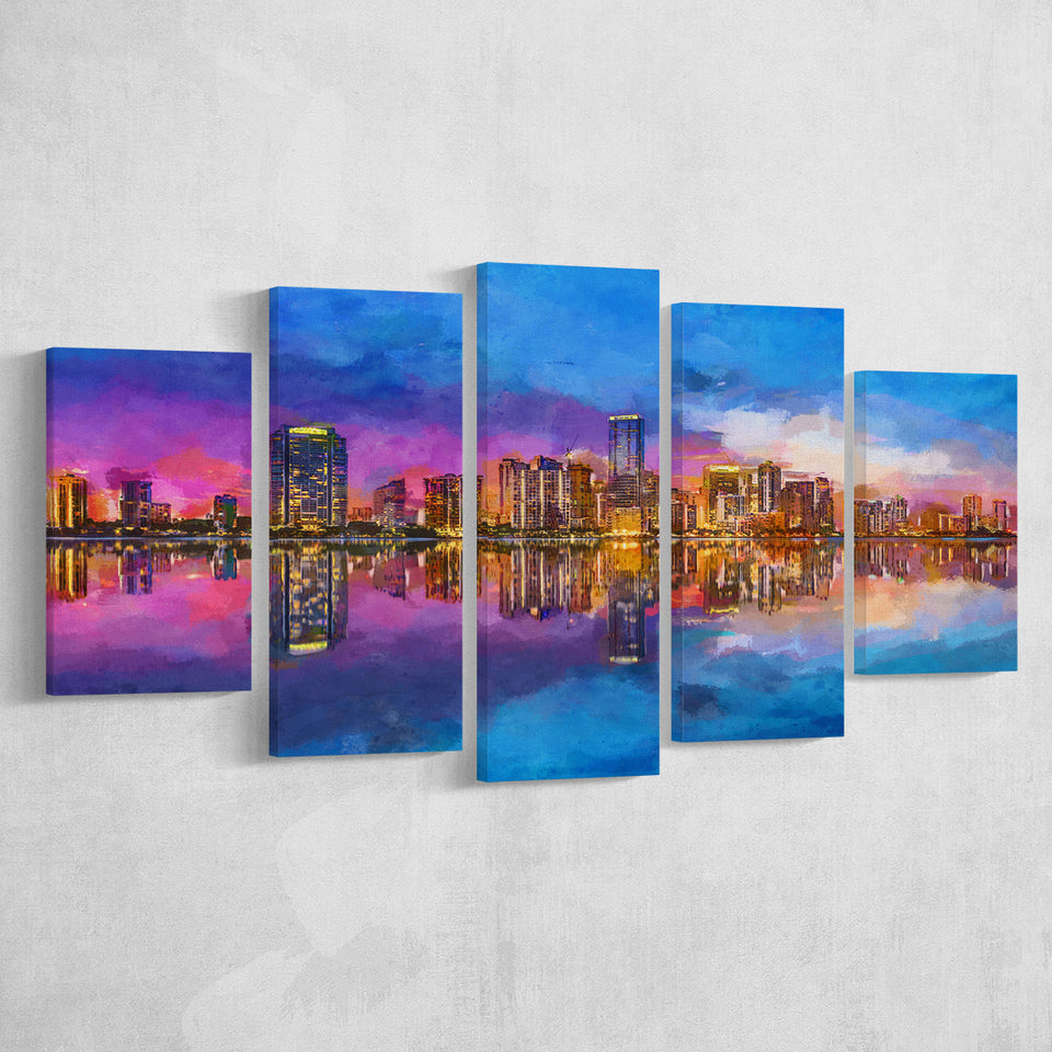 Miami Florida Usa Skyline On Biscayne V1 5 Pieces Mixed Canvas Prints Wall Art Home Decor