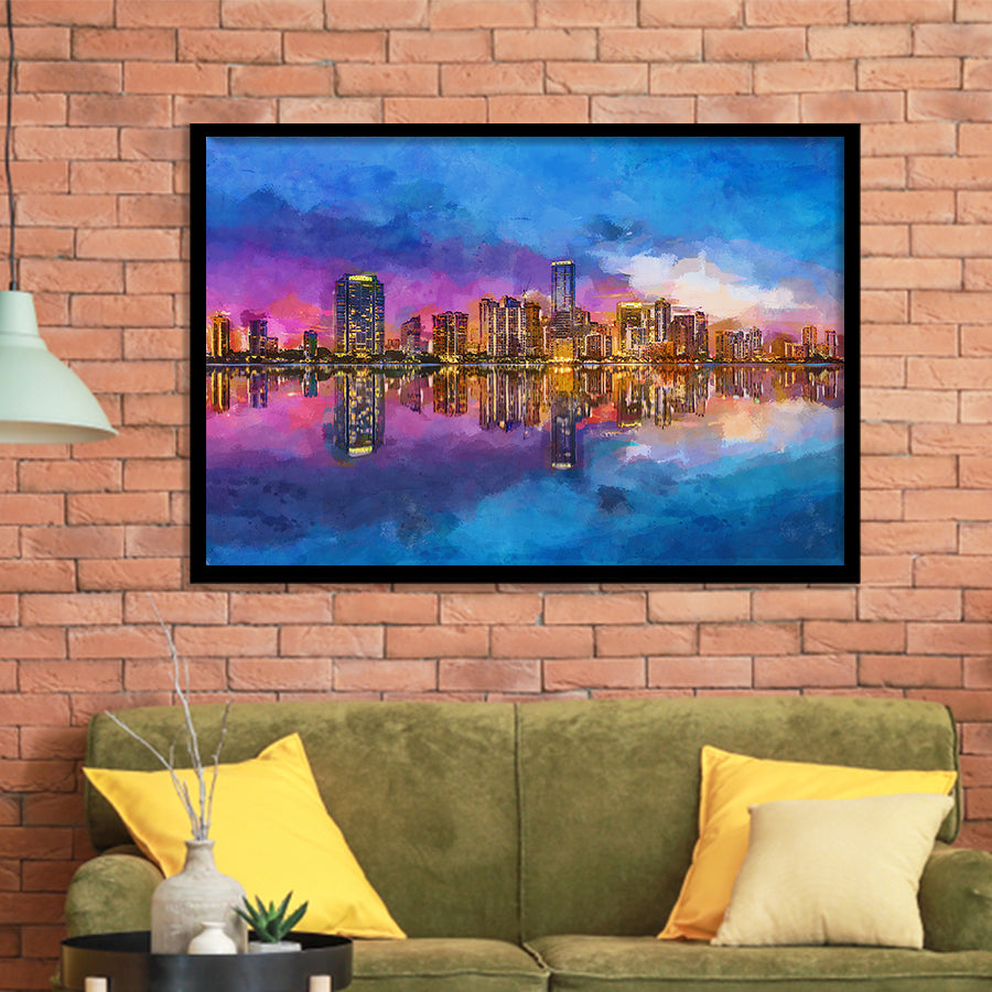 Miami Florida Usa Skyline On Biscayne V1 City Art Watercolor Framed Art Prints Wall Art Decor,Framed Picture