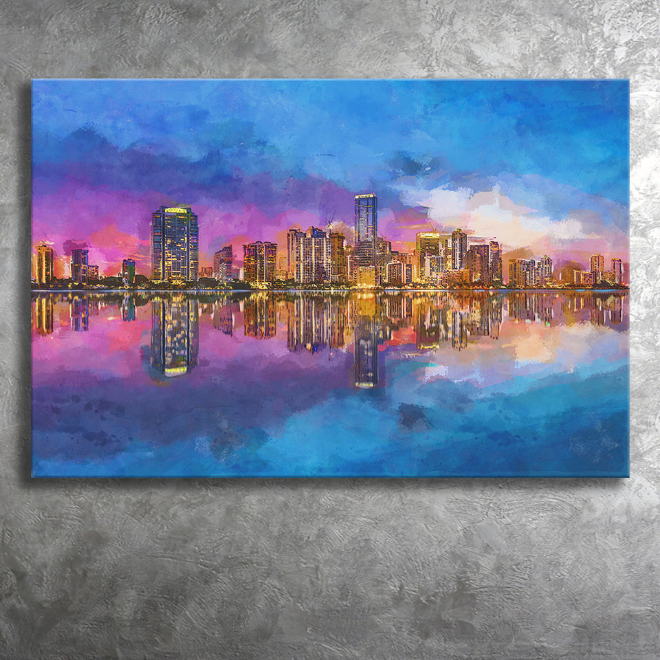 Miami Florida Usa Skyline On Biscayne V1 City Art Watercolor Canvas Prints Wall Art Home Decor, Large Canvas