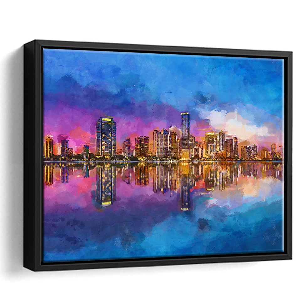 Miami Florida Usa Skyline On Biscayne V1 City Art Watercolor Framed Canvas Prints Wall Art Home Decor,Floating Frame