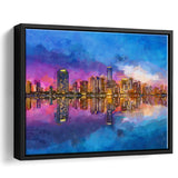 Miami Florida Usa Skyline On Biscayne V1 City Art Watercolor Framed Canvas Prints Wall Art Home Decor,Floating Frame