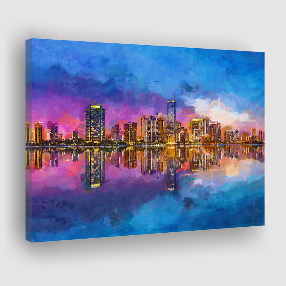 Miami Florida Usa Skyline On Biscayne V1 City Art Watercolor Canvas Prints Wall Art Home Decor, Large Canvas
