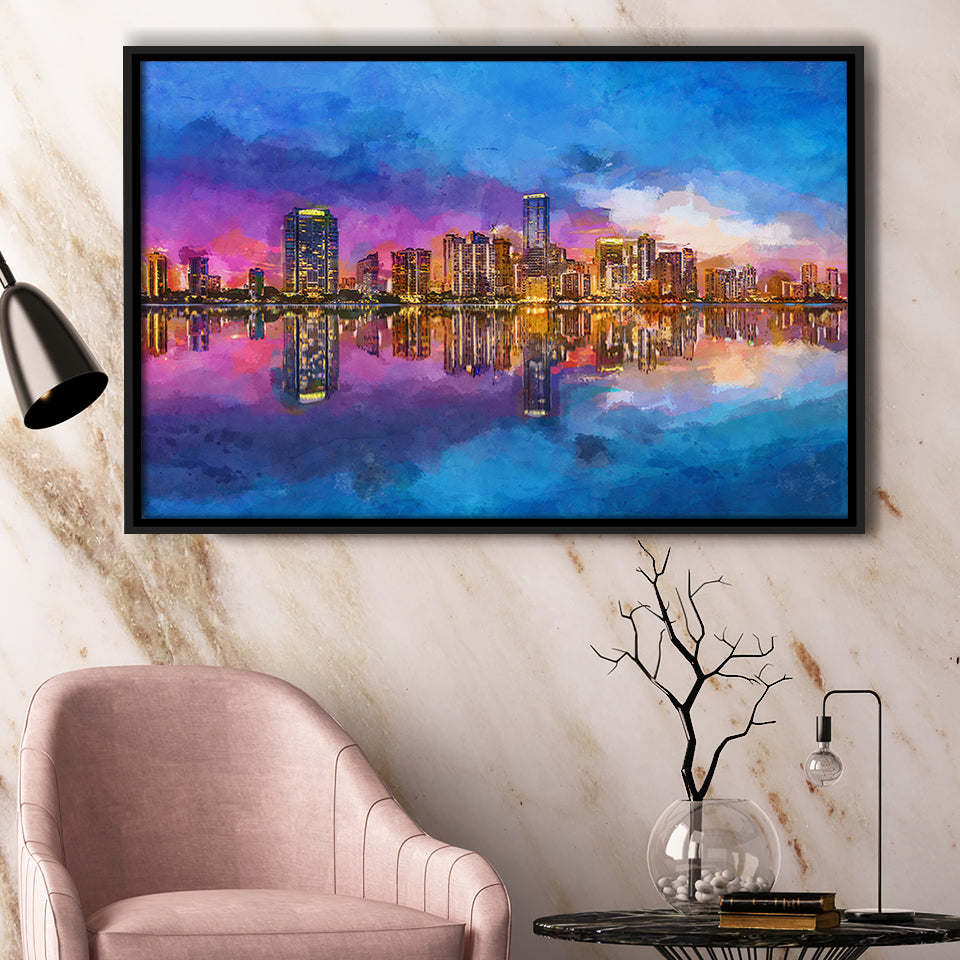 Miami Florida Usa Skyline On Biscayne V1 City Art Watercolor Framed Canvas Prints Wall Art Home Decor,Floating Frame