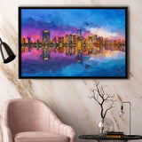 Miami Florida Usa Skyline On Biscayne V1 City Art Watercolor Framed Canvas Prints Wall Art Home Decor,Floating Frame