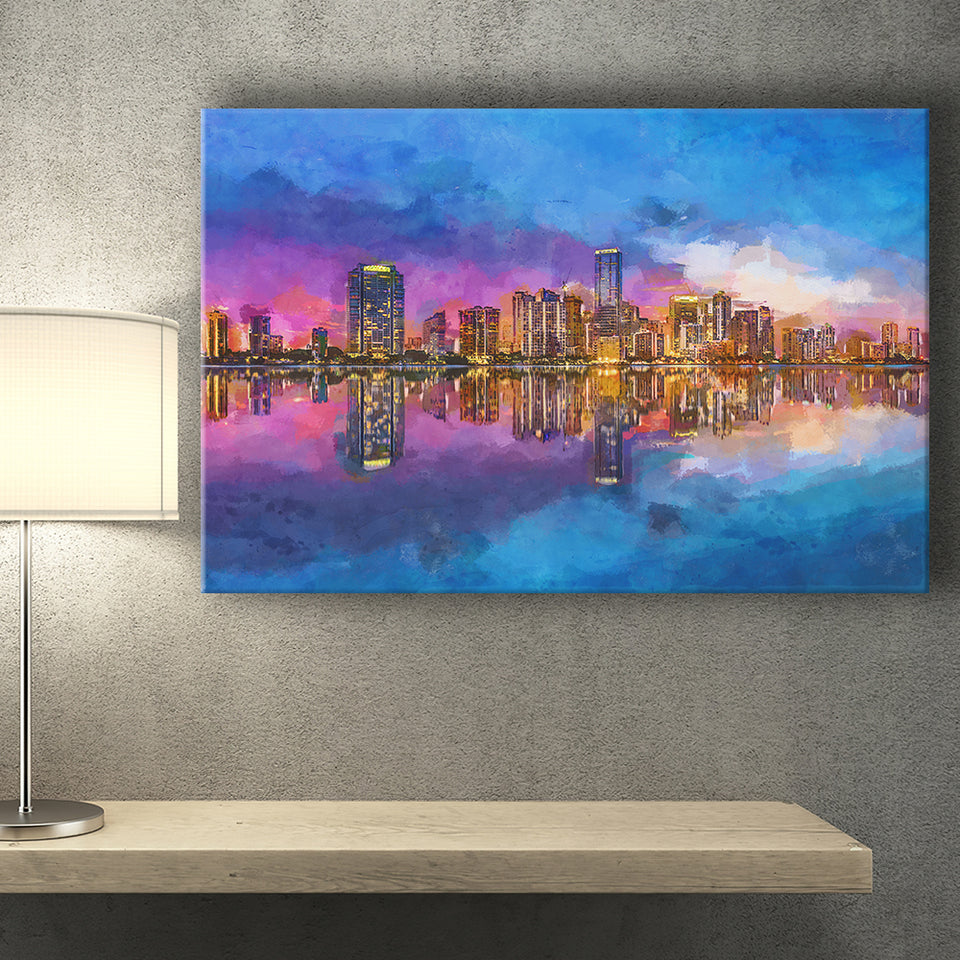 Miami Florida Usa Skyline On Biscayne V1 City Art Watercolor Canvas Prints Wall Art Home Decor, Large Canvas