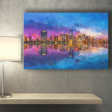 Miami Florida Usa Skyline On Biscayne V1 City Art Watercolor Canvas Prints Wall Art Home Decor, Large Canvas