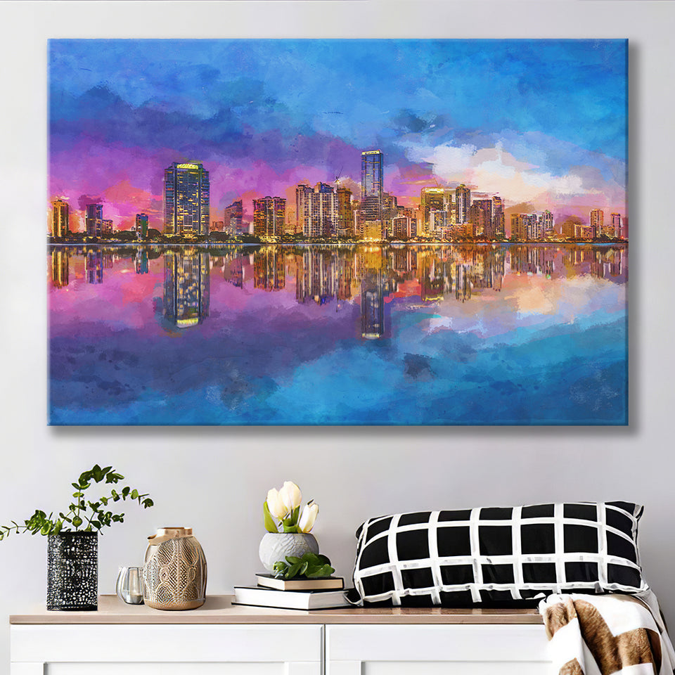 Miami Florida Usa Skyline On Biscayne V1 City Art Watercolor Canvas Prints Wall Art Home Decor, Large Canvas