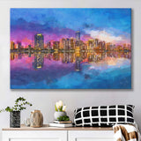 Miami Florida Usa Skyline On Biscayne V1 City Art Watercolor Canvas Prints Wall Art Home Decor, Large Canvas