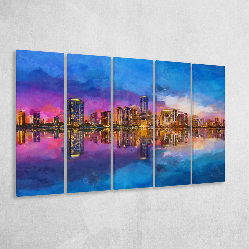 Miami Florida Usa Skyline On Biscayne V1 5 Pieces Extra Large Canvas Prints Wall Art Home Decor