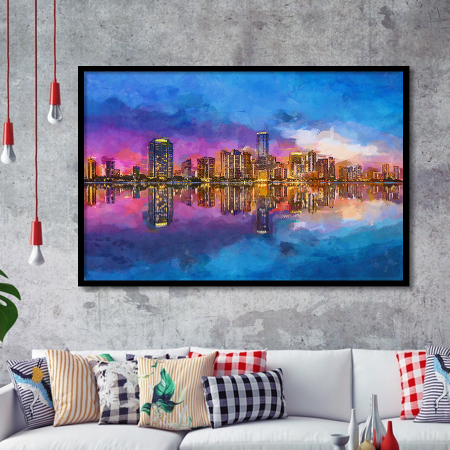 Miami Florida Usa Skyline On Biscayne V1 City Art Watercolor Framed Art Prints Wall Art Decor,Framed Picture