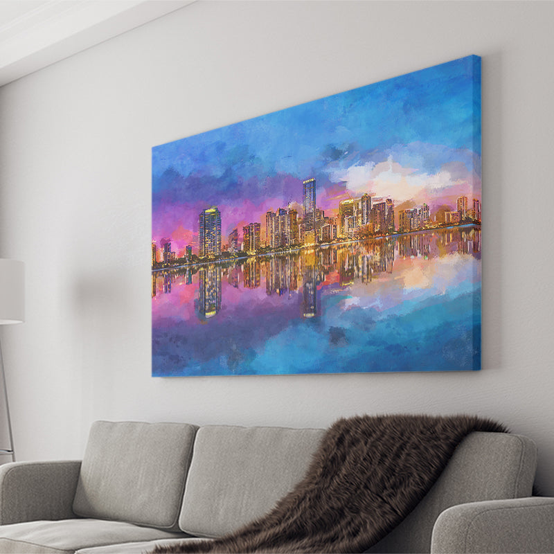 Miami Florida Usa Skyline On Biscayne V1 City Art Watercolor Canvas Prints Wall Art Home Decor, Large Canvas