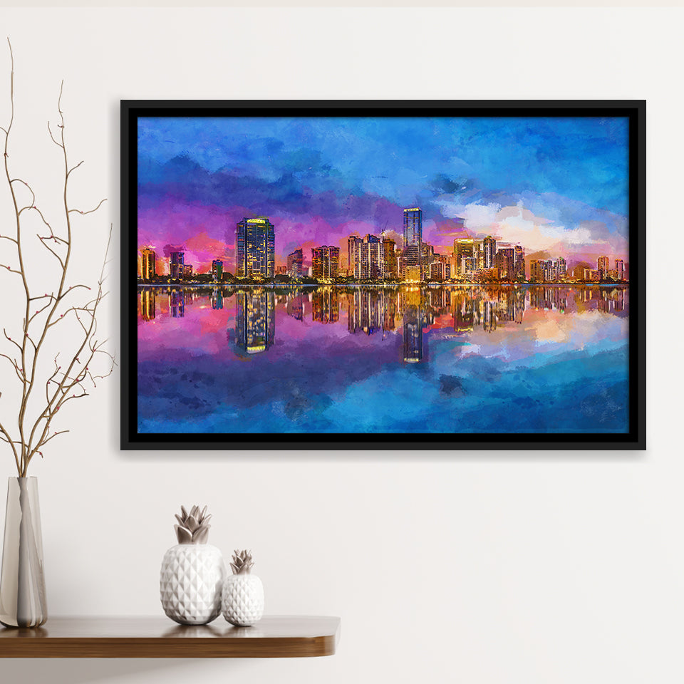 Miami Florida Usa Skyline On Biscayne V1 City Art Watercolor Framed Canvas Prints Wall Art Home Decor,Floating Frame