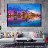 Miami Florida Usa Skyline On Biscayne V1 City Art Watercolor Framed Canvas Prints Wall Art Home Decor,Floating Frame
