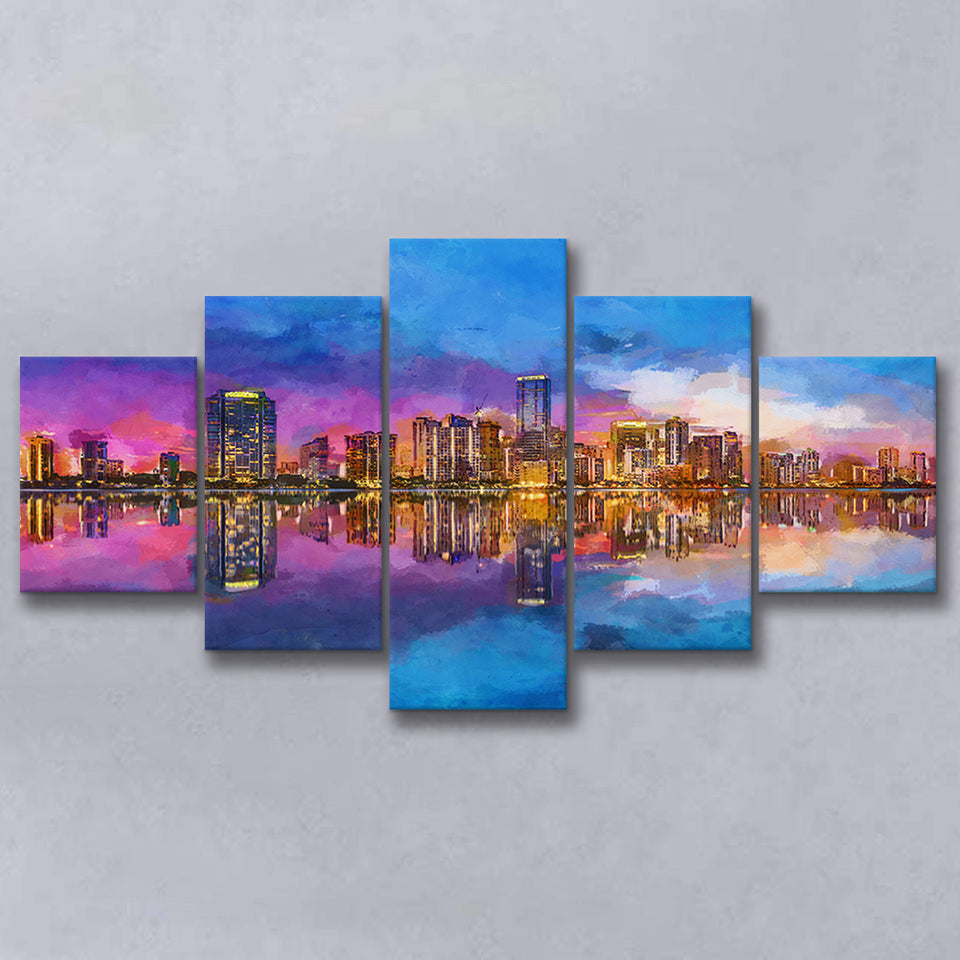Miami Florida Usa Skyline On Biscayne V1 5 Pieces Mixed Canvas Prints Wall Art Home Decor