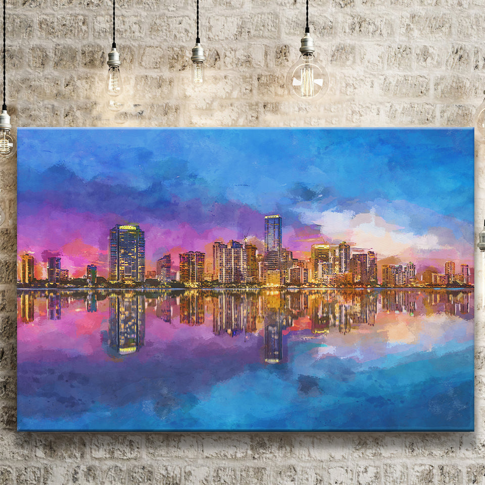 Miami Florida Usa Skyline On Biscayne V1 City Art Watercolor Canvas Prints Wall Art Home Decor, Large Canvas