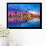 Miami Florida Usa Skyline On Biscayne V1 City Art Watercolor Framed Canvas Prints Wall Art Home Decor,Floating Frame