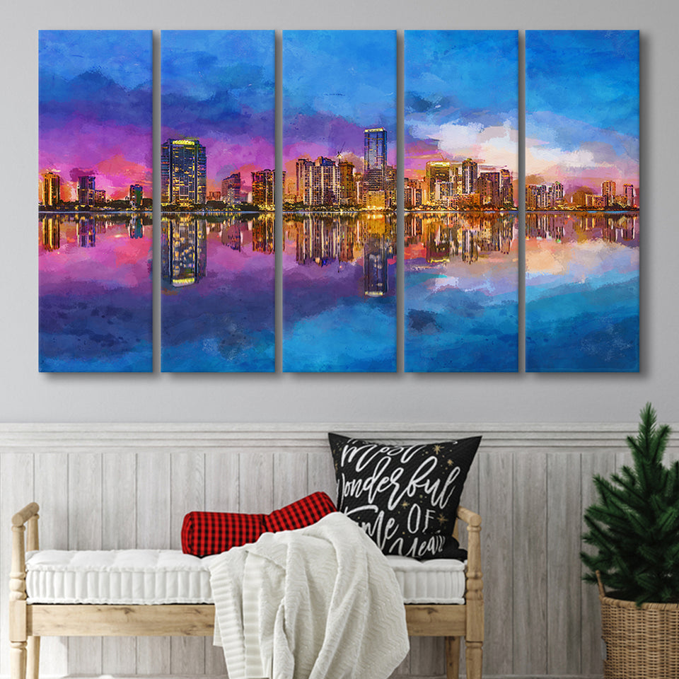 Miami Florida Usa Skyline On Biscayne V1 5 Pieces Extra Large Canvas Prints Wall Art Home Decor