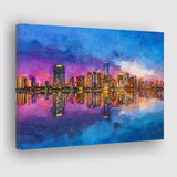 Miami Florida Usa Skyline On Biscayne V1 City Art Watercolor Canvas Prints Wall Art Home Decor, Large Canvas