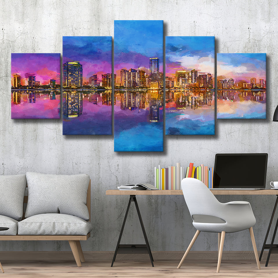 Miami Florida Usa Skyline On Biscayne V1 5 Pieces Mixed Canvas Prints Wall Art Home Decor