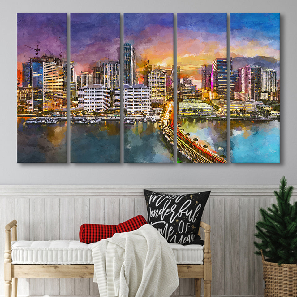 Miami Florida Usa Skyline On Biscayne 5 Pieces Extra Large Canvas Prints Wall Art Home Decor