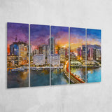 Miami Florida Usa Skyline On Biscayne 5 Pieces Extra Large Canvas Prints Wall Art Home Decor
