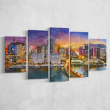 Miami Florida Usa Skyline On Biscayne 5 Pieces Mixed Canvas Prints Wall Art Home Decor