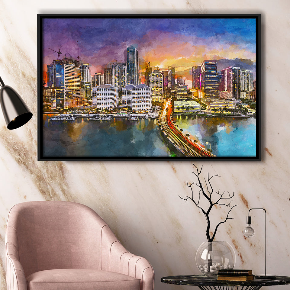 Miami Florida Usa Skyline On Biscayne City Art Watercolor Framed Canvas Prints Wall Art Home Decor,Floating Frame