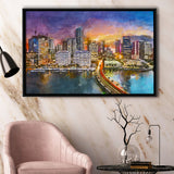 Miami Florida Usa Skyline On Biscayne City Art Watercolor Framed Canvas Prints Wall Art Home Decor,Floating Frame