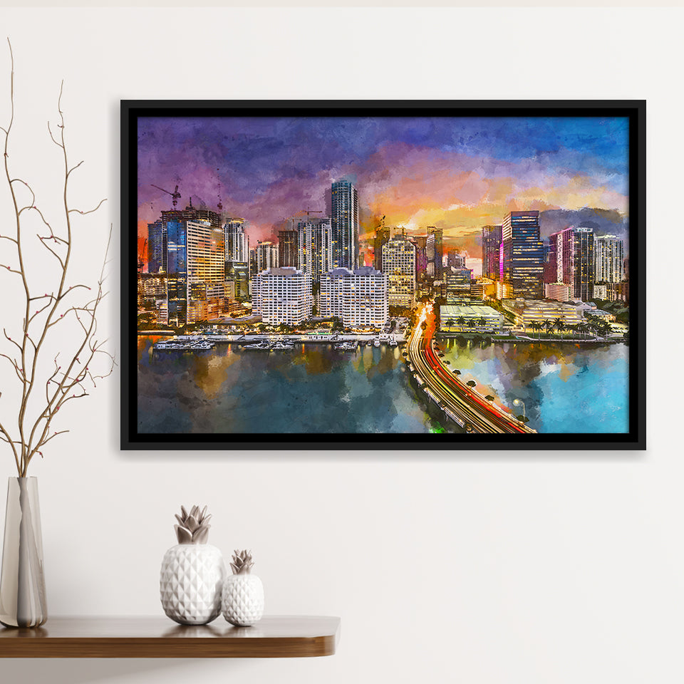 Miami Florida Usa Skyline On Biscayne City Art Watercolor Framed Canvas Prints Wall Art Home Decor,Floating Frame