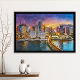 Miami Florida Usa Skyline On Biscayne City Art Watercolor Framed Canvas Prints Wall Art Home Decor,Floating Frame