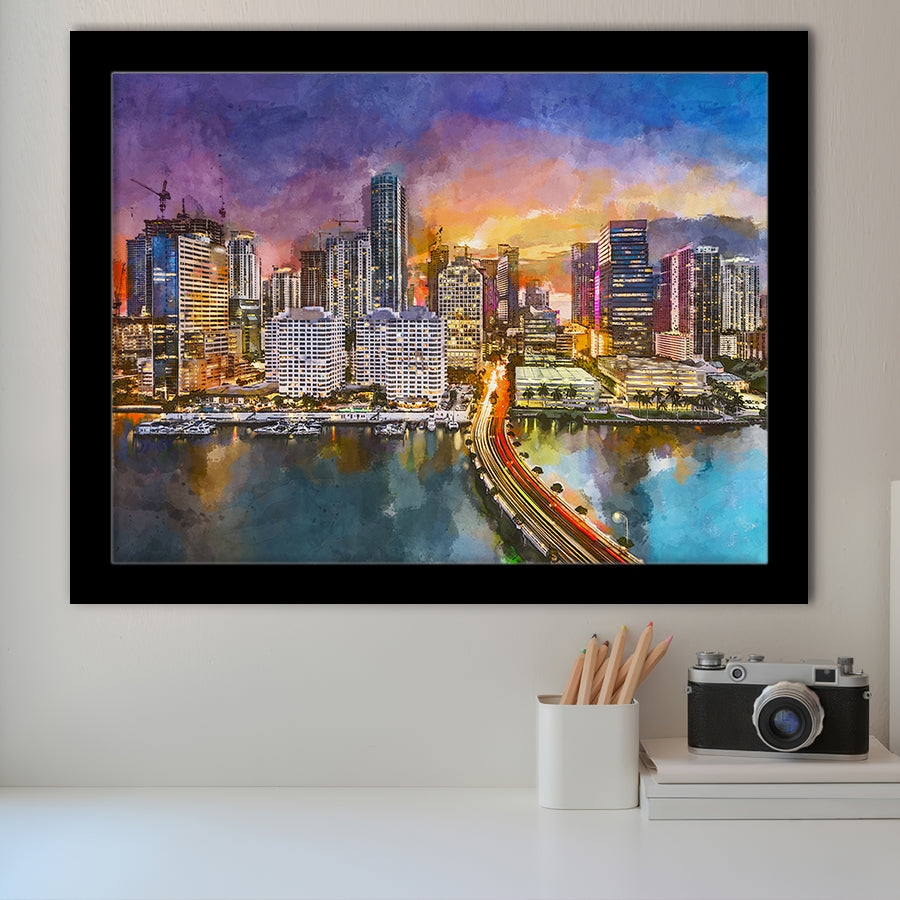 Miami Florida Usa Skyline On Biscayne City Art Watercolor Framed Art Prints Wall Art Decor,Framed Picture