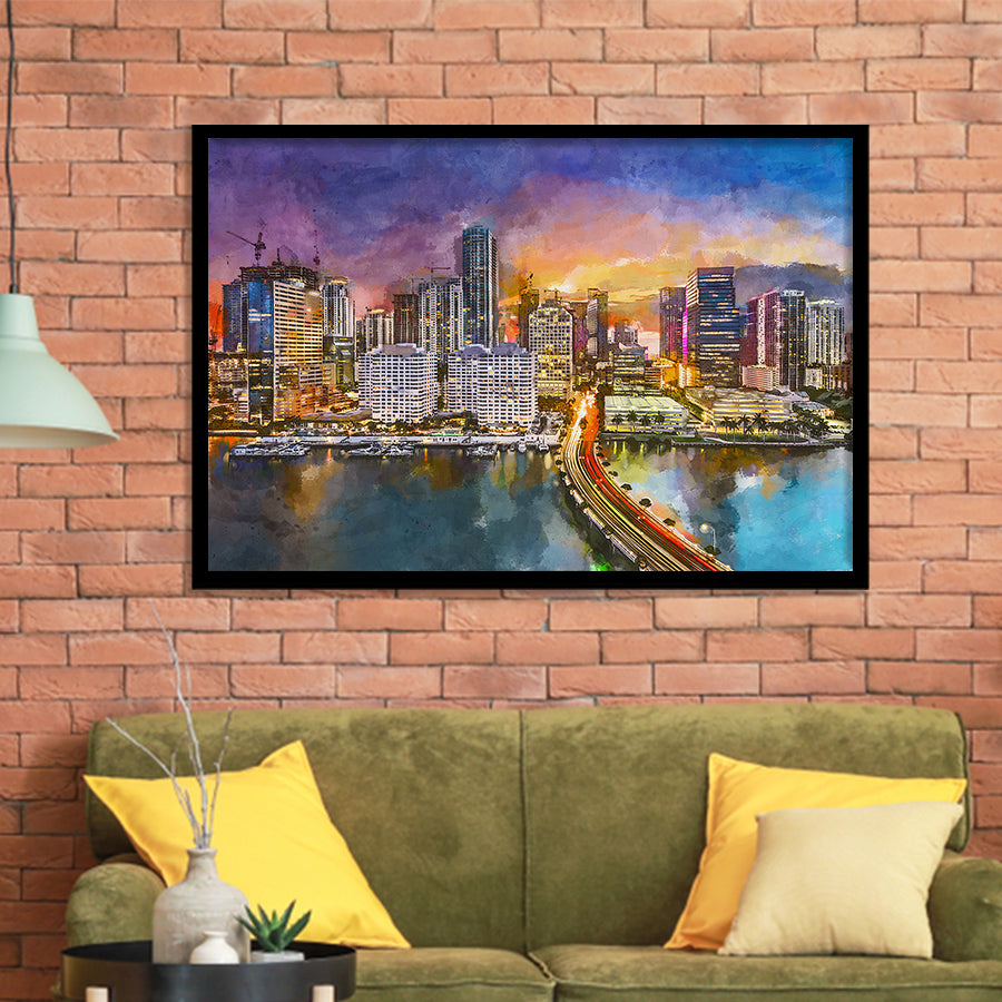 Miami Florida Usa Skyline On Biscayne City Art Watercolor Framed Art Prints Wall Art Decor,Framed Picture