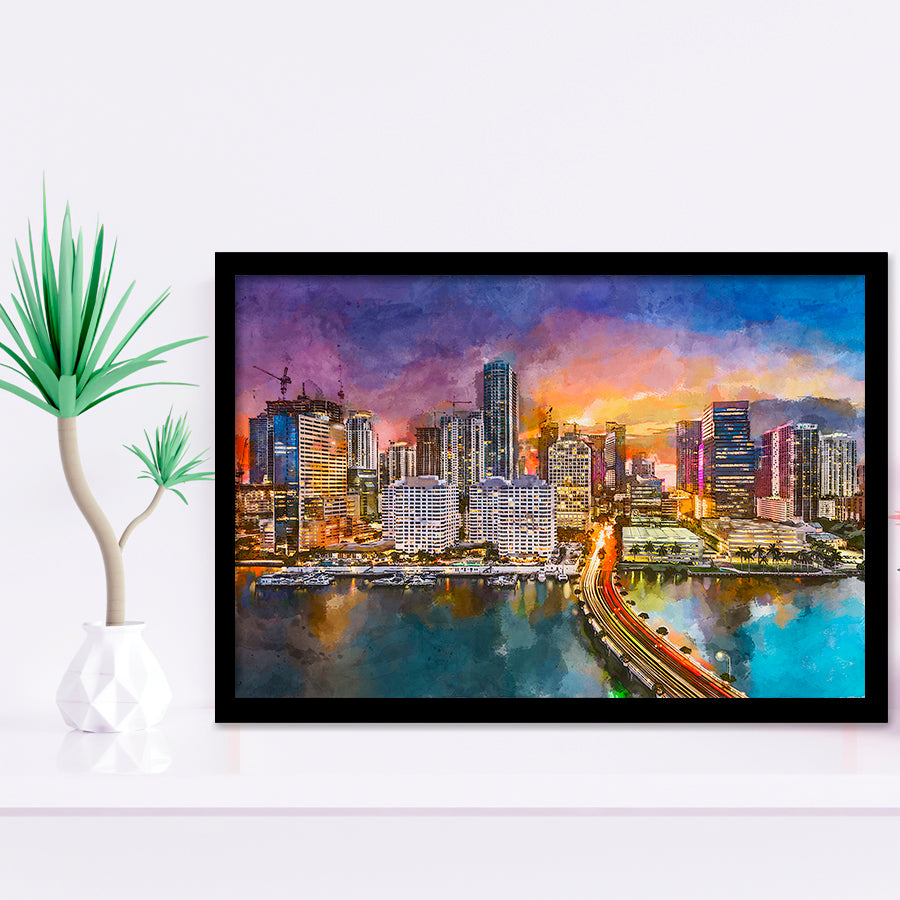Miami Florida Usa Skyline On Biscayne City Art Watercolor Framed Art Prints Wall Art Decor,Framed Picture
