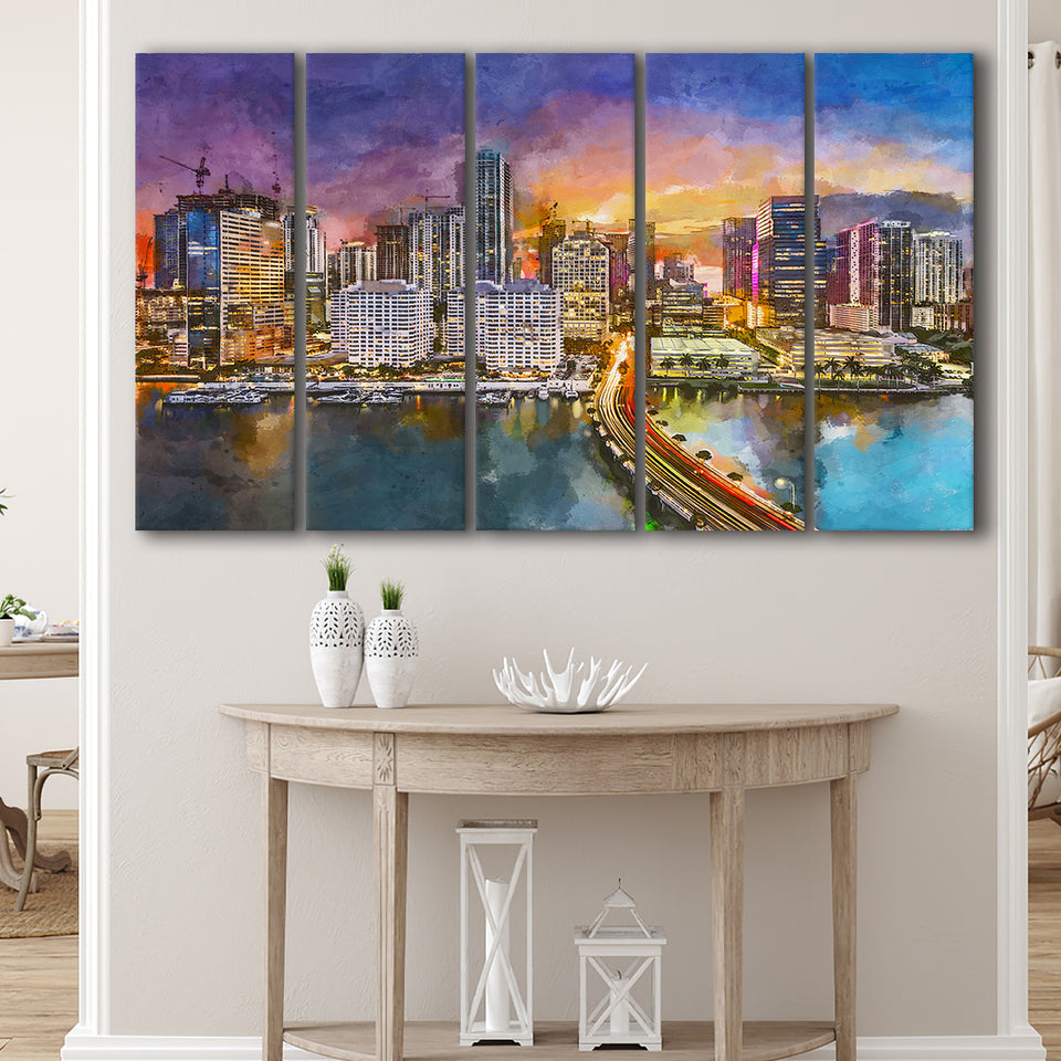 Miami Florida Usa Skyline On Biscayne 5 Pieces Extra Large Canvas Prints Wall Art Home Decor