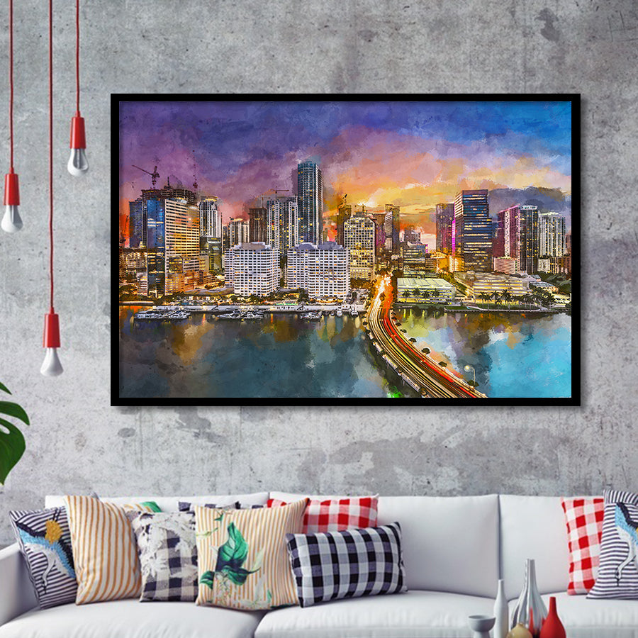 Miami Florida Usa Skyline On Biscayne City Art Watercolor Framed Art Prints Wall Art Decor,Framed Picture