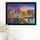 Miami Florida Usa Skyline On Biscayne City Art Watercolor Framed Canvas Prints Wall Art Home Decor,Floating Frame