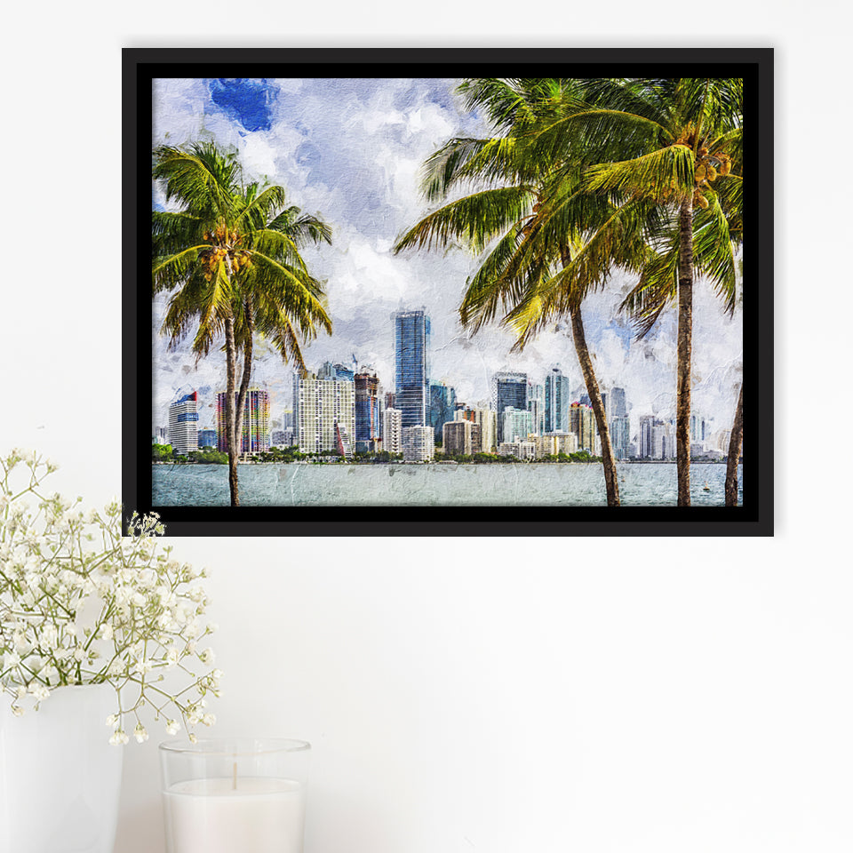 Miami Skyline Large Wall Art Miami Stylish Framed Canvas Prints Wall Art Decor - Paiting Canvas, Art Prints, Floating Frame